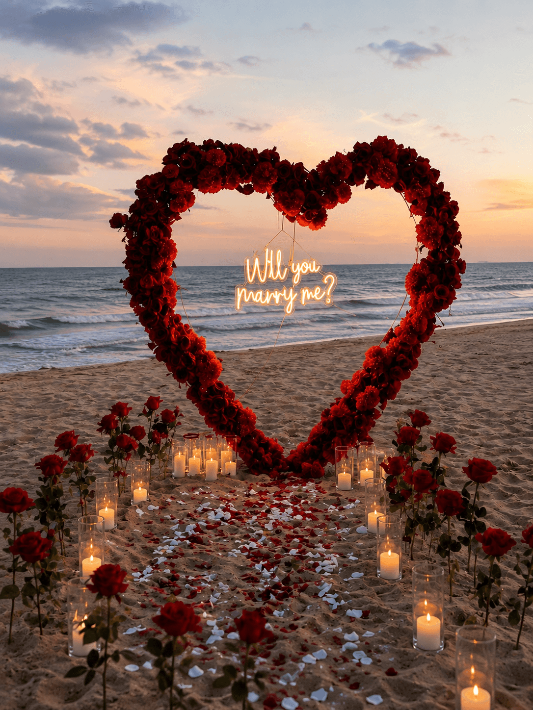 Heart-shaped red rose arch on the beach with candlelit aisle for a marriage proposal