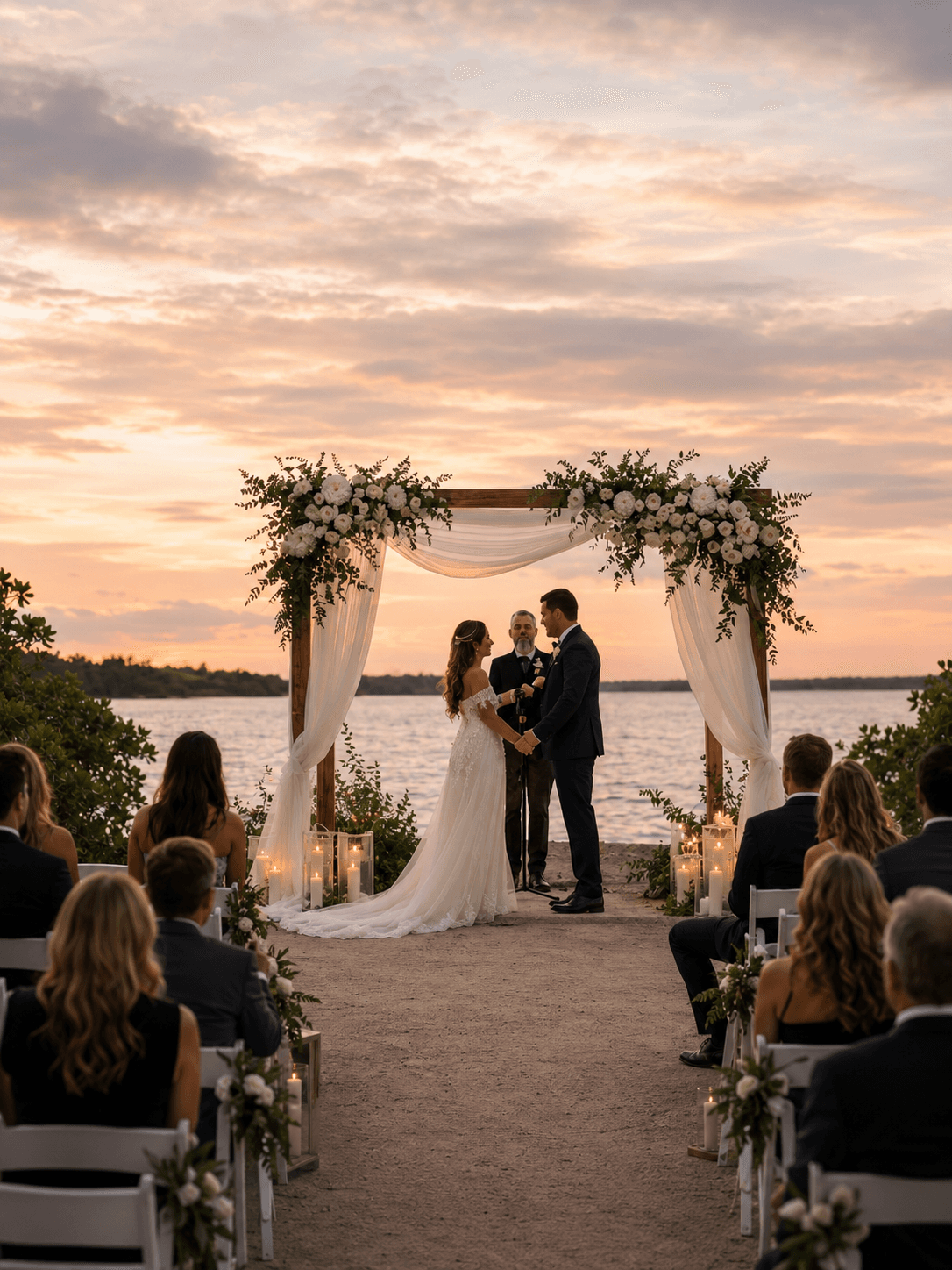 Couple exchanging vows beneath a floral wedding arch at a South Florida waterfront ceremony